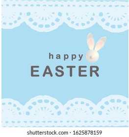 Happy Easter. Greeting card with bunny rabbit. Easter poster, postcard, flyer. Lace and blue color. Cute vector illustration.