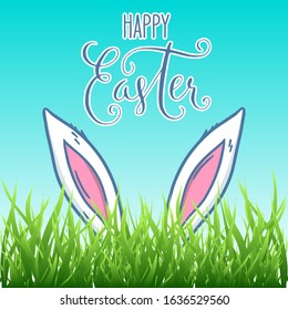 Happy Easter greeting card. Bunny ears and hand drawn lettering over blue sky and green grass background. Vector holiday illustration.