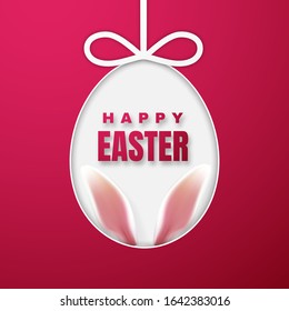 Happy Easter Greeting Card with Easter Bunny. Color Paper Easter Egg on Pink Background. Vector illustration.