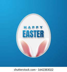 Happy Easter Greeting Card with Easter Bunny. Color Paper Easter Egg on Blue Background. Vector illustration.