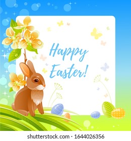 Happy Easter greeting card with bunny, blue sky frame, cherry blossom flower, Easter egg, fresh green grass. Cute cartoon flyer design. Vector illustration with rabbit, floral element of egg hunt game