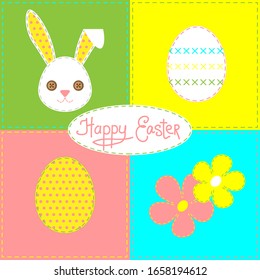 Happy Easter greeting card with bunny, eggs and flowers, in pink, yellow, grass green, light blue and white colors. Patchwork, textile application