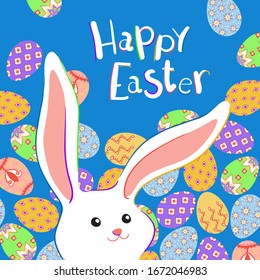 Happy Easter greeting card with сolorful bunny. Vector illustration for Easter day