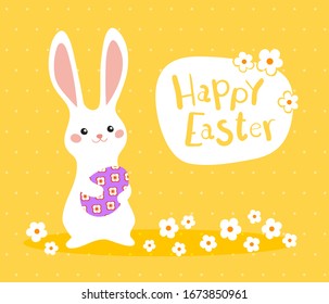 Happy Easter greeting card with сolorful bunny on yellow background. Vector illustration for Easter day