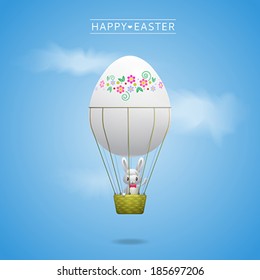 Happy Easter greeting card with bunny in the basket of egg balloon