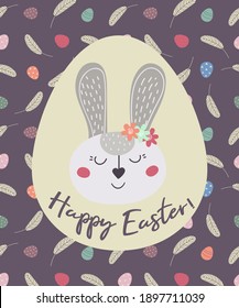  Happy Easter. Greeting card with Easter bunny and eggs. The Easter bunny. Vector illustration. Easter design, printing, postcards, stickers, invitations