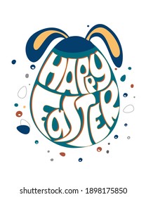 Tarjeta de felicitación de Pascua con orejas de conejo. texto manuscrito en forma de huevo azul. Volante de Pascua Santa, postal, letras. Huevos de pascua y orejas de conejo