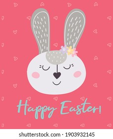  Happy Easter. Greeting card with Easter bunny and eggs. The Easter bunny. Vector illustration. Easter design, printing, postcards, stickers, invitations