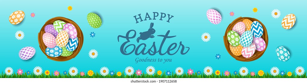 happy easter greeting card with easter bunny and set of eggs with ornament. vector illustration of a baner on a blue background.