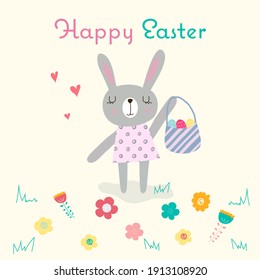 Happy Easter greeting card with an easter bunny girl in dress, painted eggs and a basket surrounded by flowers and grass. Bright, funny, cute editable EPS 10 vector graphic illustration. 