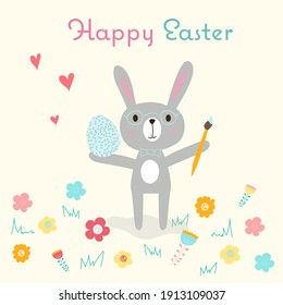 Happy Easter greeting card with an easter bunny in glasses, Easter painted egg and art brush surrounded by flowers and grass. Bright, funny, cute editable EPS 10 easter graphic illustration. 