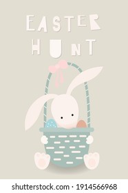 Happy Easter greeting card – Easter bunny with basket. Lettering Easter hunt. Vector illustration in retro design.