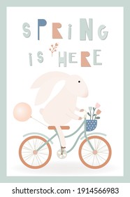 Happy Easter greeting card – Easter bunny rides a bicycle. Lettering Spring is here. Vector illustration in retro design.