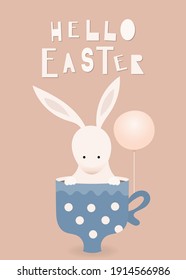 Happy Easter greeting card – Easter bunny sitting in a cup. Lettering Hello Easter. Vector illustration in retro design.