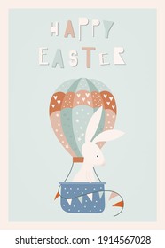 Happy Easter greeting card – Easter bunny flying in a hot air balloon. Lettering Happy Easter. Vector illustration in retro design.