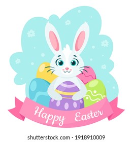 Happy Easter greeting card. Bunny with Easter eggs. Vector illustration