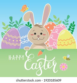 Happy Easter greeting card with bunny and eggs. Square banner with hand drawn lettering. Vector illustration