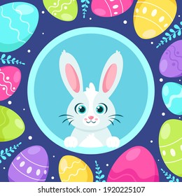 Happy Easter greeting card. Bunny with Easter eggs. Vector illustration