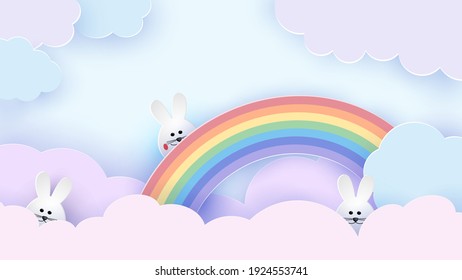 Feliz tarjeta de felicitación de Pascua. Conejo de Pascua en un arcoiris. El cielo está pintado en tonos pastel. Ilustración del vector