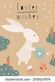 Feliz tarjeta de felicitación de Pascua - zanahorias para regar conejitos de Pascua. Dejar que los deseos de Pascua sean. Ilustración vectorial en diseño retro.