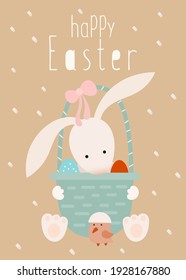 Happy Easter greeting card – Easter bunny with basket and chick. Lettering Happy Easter. Vector illustration in retro design.