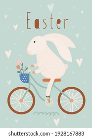 Happy Easter greeting card – Easter bunny rides a bicycle. Lettering Easter. Vector illustration in retro design.