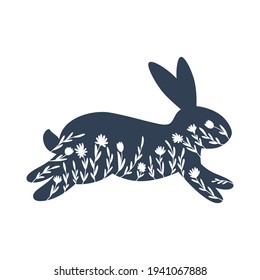 Carte de voeux Joyeuses Pâques de lapin, icône de lapin, décorée de fleurs. Design de vacances dessiné à la main. Illustration vectorielle isolée sur fond blanc.