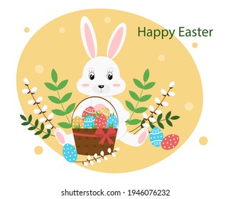 Feliz tarjeta de felicitación de Pascua. Conejo de Pascua con cesta y huevos de colores. Ilustración del vector