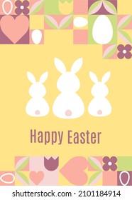 Happy Easter greeting card with easter bunny. Modern geometric abstract style. Perfect for poster, cover, or postcard. Vector illustration