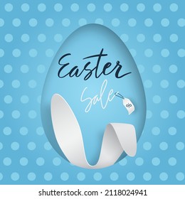 Happy Easter greeting card with bunny ears. Vector 3d abstract paper cut illustration. Festive design with Cute Easter rabbit with lettering sale on blue background. Banner, flyer cover, brochure.