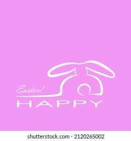 Happy Easter greeting card with bunny. Spring. Rabbit one line vector illustration on  pink background.