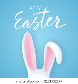 Happy Easter greeting card with bunny ears. Vector 3d realistic illustration. Festive design with Cute Easter rabbit with lettering on blue background. Banner, poster, flyer cover, brochure.