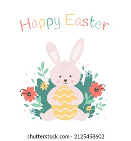 Happy Easter greeting card with Easter bunny, painted egg and flowers. Hand drawn vector illustration
