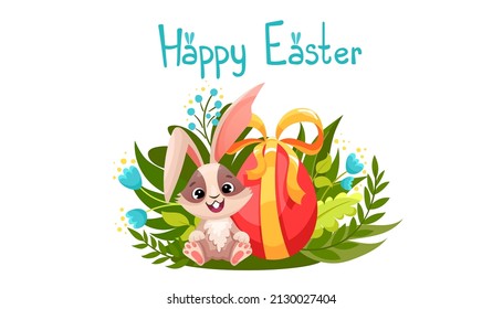 Happy Easter greeting card! Happy bunny and egg with leaves and flowers. Cartoon vector illustration