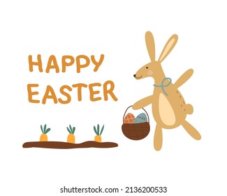 Happy Easter greeting card. Bunny with eggs and carrot garden bed. Bohemian style. Religion holiday decoration. Vector stock illustration