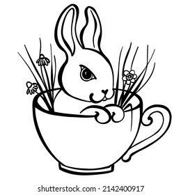 Happy easter greeting card with easter bunny in the cup. Rabbit silhouette isolated on white backgroud. Hand drawn vector illustration.
Suitable for svg cricut and post card design 