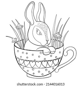 Happy easter greeting card with easter bunny in the cup. Rabbit silhouette vector illustration isolated on white backgroud. 
Suitable for nursery and post card design and svg for cricut.