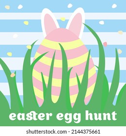 happy easter greeting card with bunny and easter egg, easter egg hunt template, vector illustration
