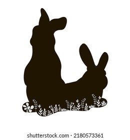 Happy Easter greeting card of bunny, rabbit icon, decorated with flowers. 