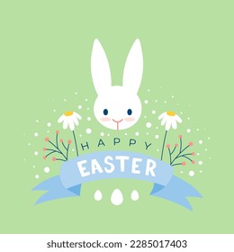 Happy Easter. Greeting card with bunny, daisy flowers, branches and eggs. Vector illustration, flat design