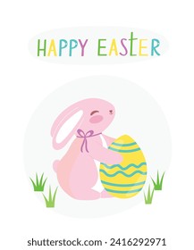 Happy Easter greeting card. Easter bunny with egg vector and lettering isolated on white background.