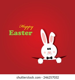 happy easter greeting card with easter bunny on red background