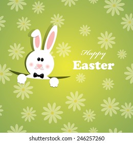 happy easter greeting card with easter bunny on green background