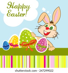 Happy Easter greeting card with bunny and colorful eggs