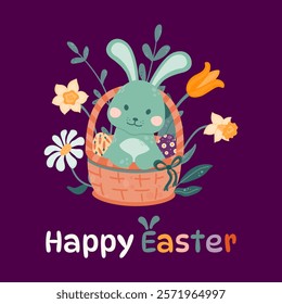 Happy Easter greeting card. Easter bunny sits in a wicker basket with colorful Easter eggs on a background of flowers. Happy Easter. Vector illustration in a flat style.