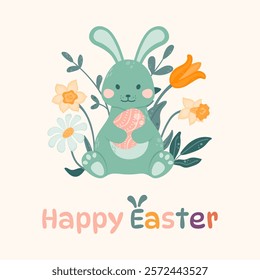 Happy Easter greeting card. Easter bunny is sitting and holding an Easter egg in his paws on a background of flowers. Happy Easter. Vector illustration in a flat style on a light background.