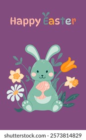 Happy Easter greeting card. Easter bunny is sitting and holding an Easter egg in his paws on a background of flowers. Happy Easter. Vector illustration in a flat style on a light background.