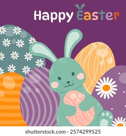 Happy Easter greeting card. Easter bunny holds an Easter egg in his paws against a background of decorated multicolored eggs. Happy Easter. Vector illustration in a flat style.