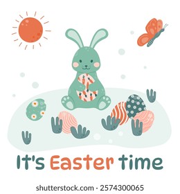 Happy Easter greeting card. Easter bunny is sitting on the grass with colorful eggs and holding an Easter egg in his paws. It's Easter time. Vector illustration in a flat style.