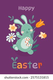 Happy Easter greeting card. Easter bunny waves and holds an Easter egg in his paws on a background of flowers. Happy Easter. Vector illustration in a flat style.